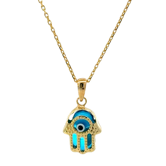 14 KARAT GOLD BLUE EVIL EYE HAMSA NECKLACE