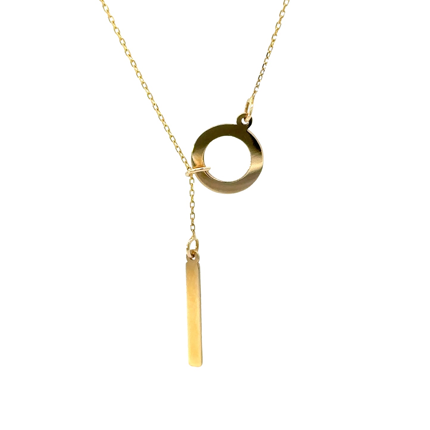 14 Karat Gold Circle Lariat Necklace with Dropping Bar