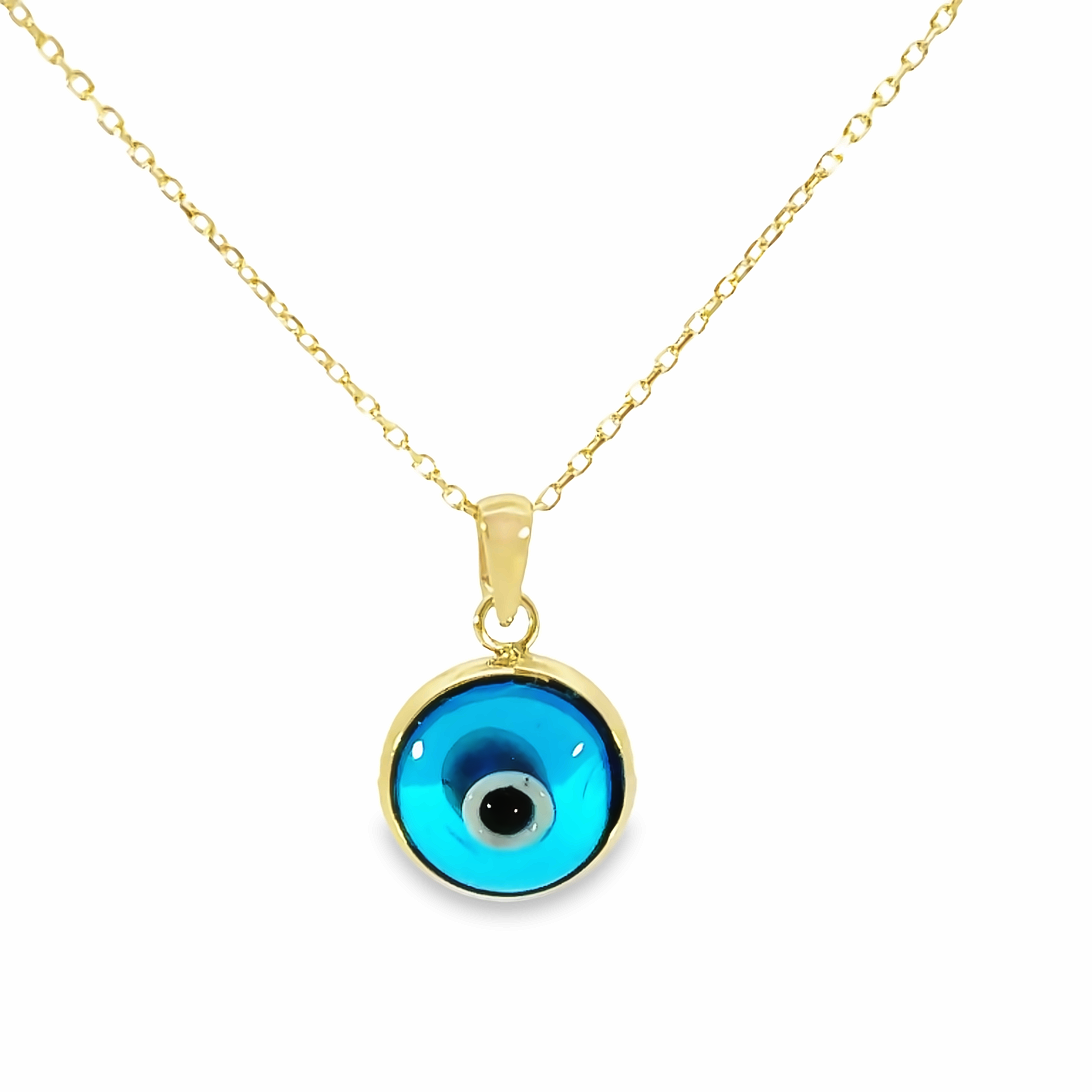 14K Yellow Gold & Enamel Evil Eye Pendant – Round Blue & White Design, 9mm, Protection Jewelry