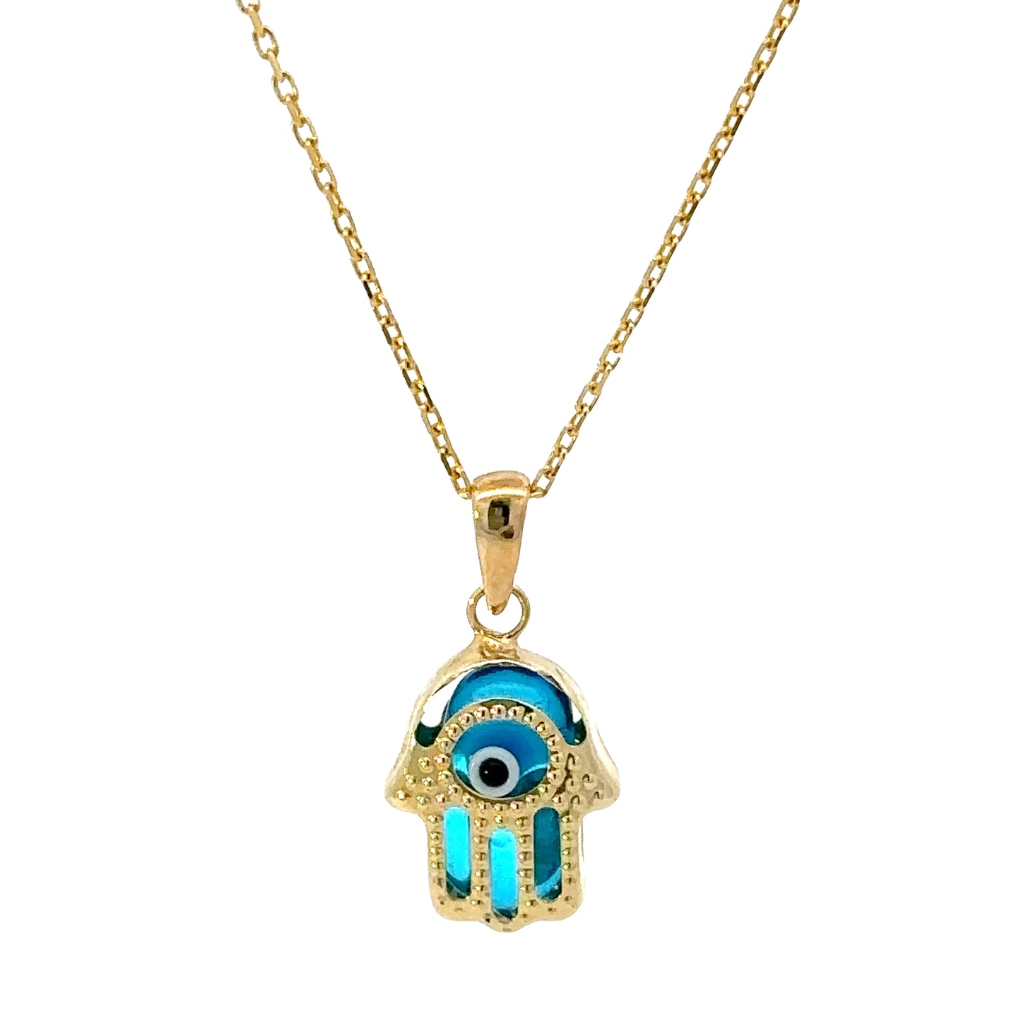 14 KARAT GOLD BLUE EVIL EYE HAMSA NECKLACE