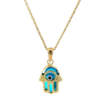14 KARAT GOLD BLUE EVIL EYE HAMSA NECKLACE