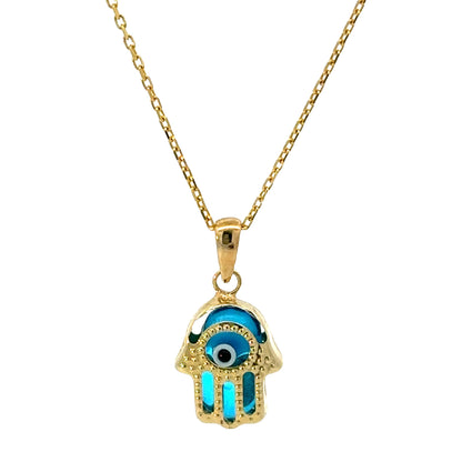 14 KARAT GOLD BLUE EVIL EYE HAMSA NECKLACE