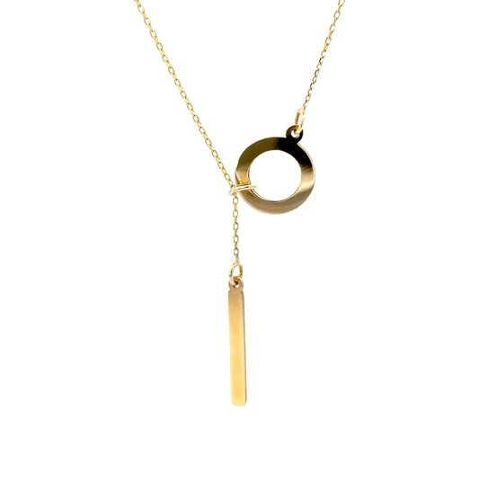 14 Karat Gold Circle Lariat Necklace with Dropping Bar