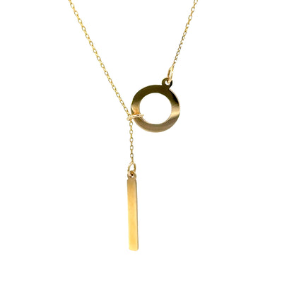 14 Karat Gold Circle Lariat Necklace with Dropping Bar