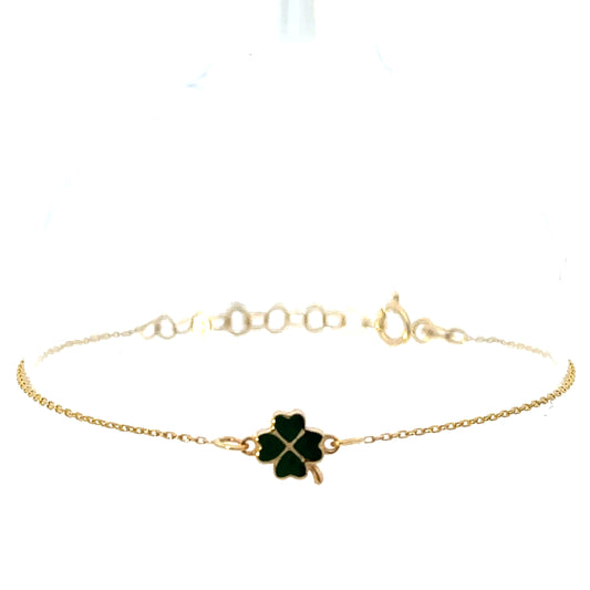 14 Karat Gold Green Enemal Clover Bracelet